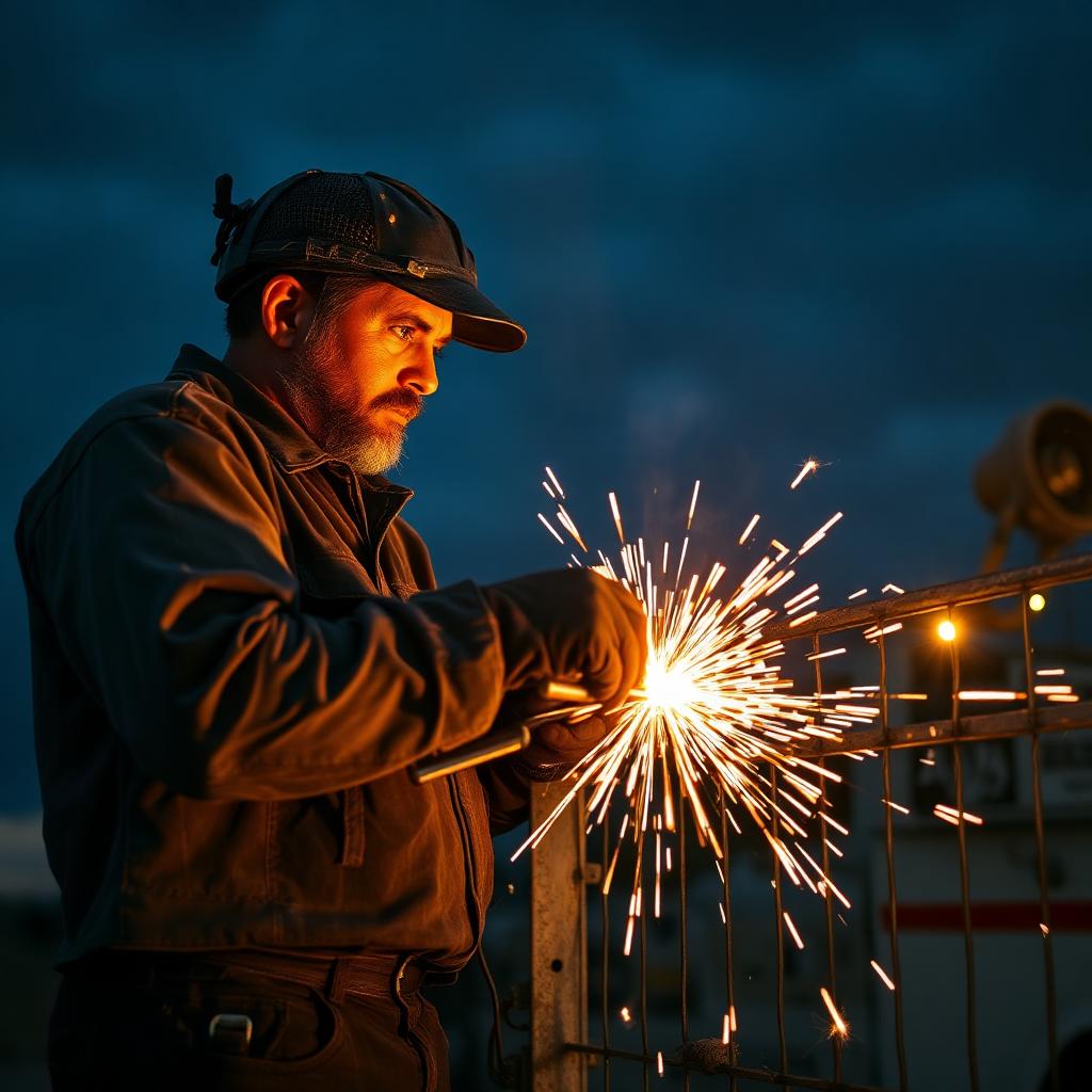 Mobile welder repairing a metal gate at dusk in North Texas