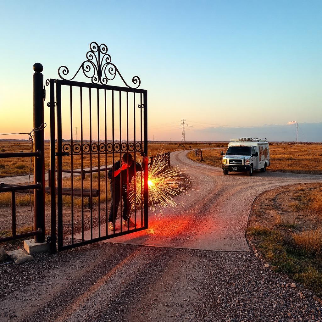 Mobile welding service truck at a ranch gate